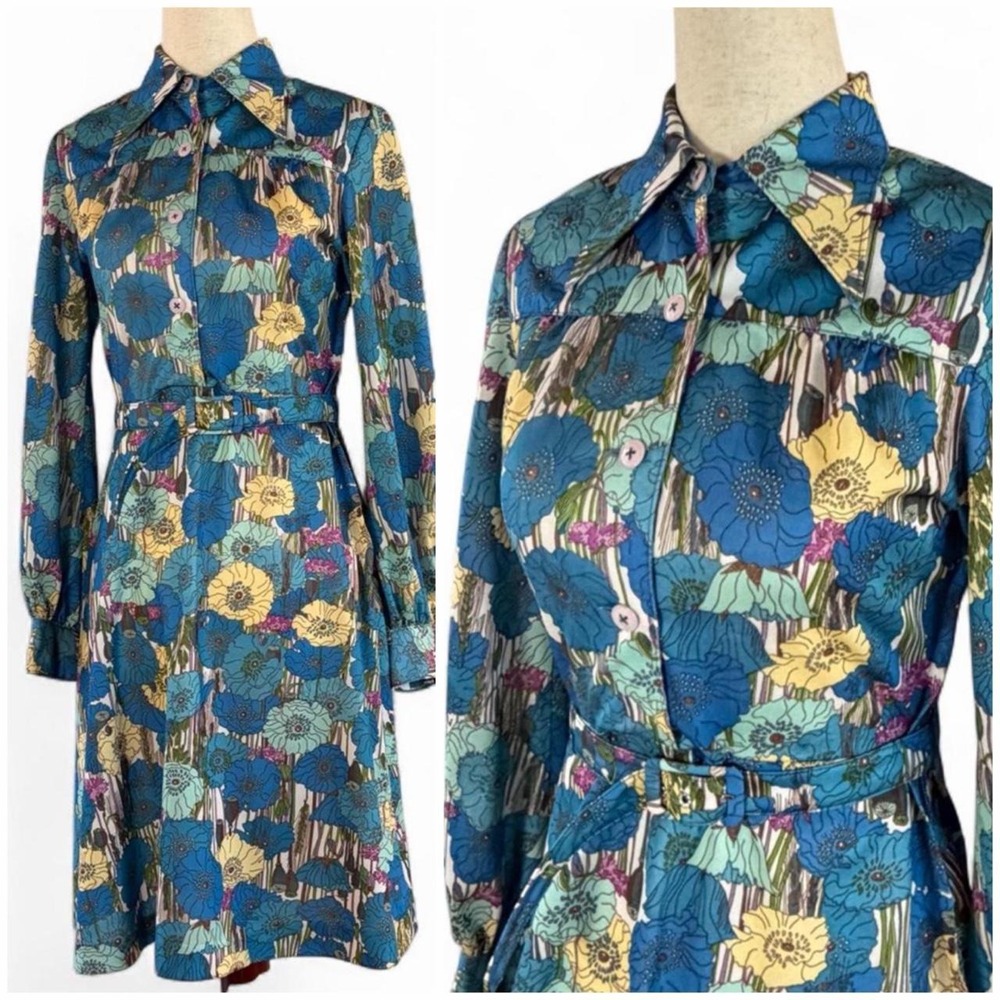 Vintage 70s Dagger Collar Mod Poppy Print Dress